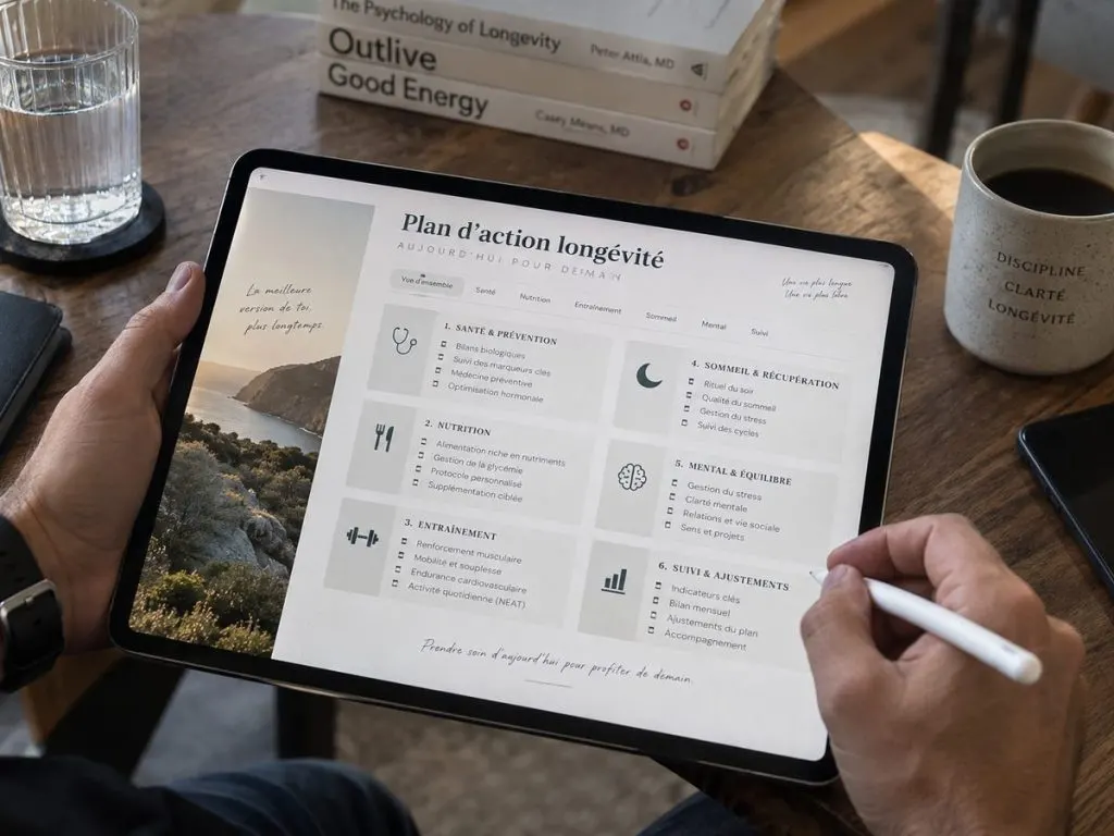 Plan d’action longévité affiché sur une tablette, annoté au stylet