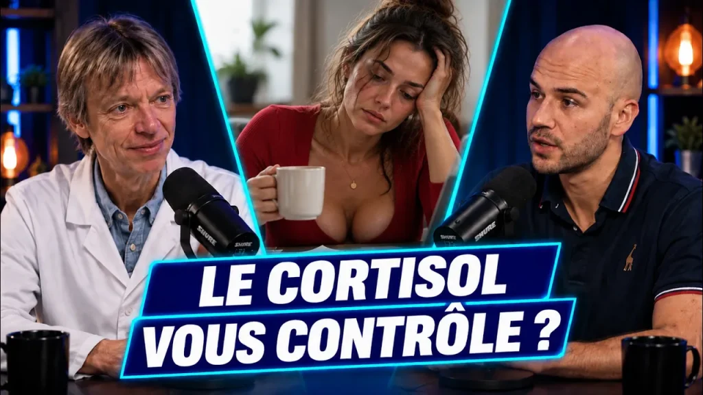 Martine Duclos en blouse blanche et Benjamin Sant au micro sur le plateau du podcast, avec le titre « Le cortisol vous contrôle ? »