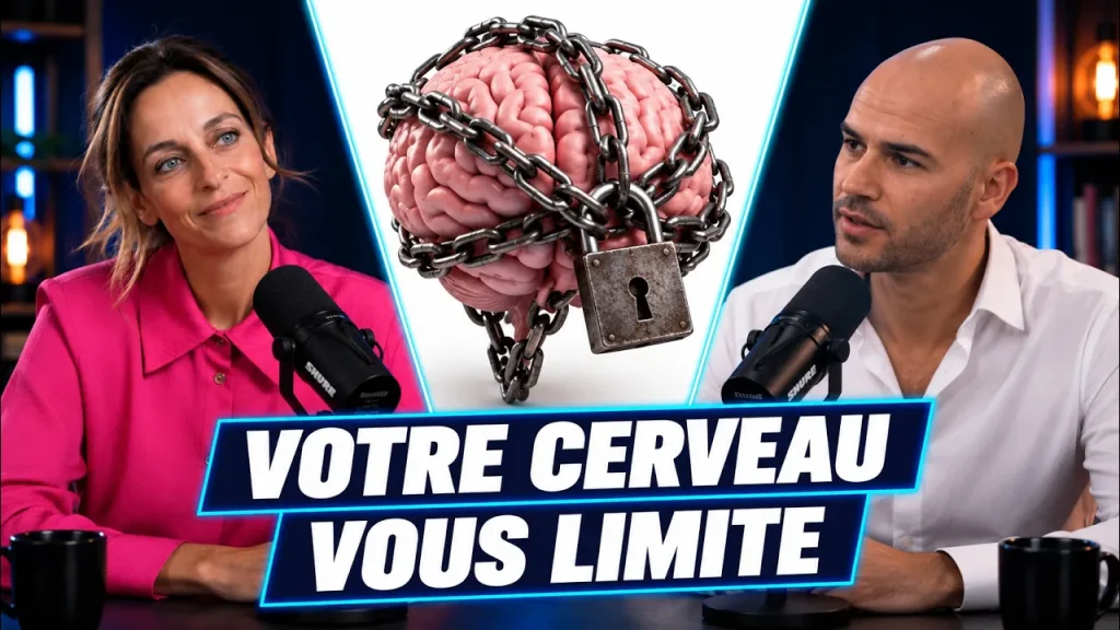 Fanny Nusbaum et Benjamin Sant au micro sur le plateau du podcast, avec un cerveau entravé par des chaînes et le titre « Votre cerveau vous limite »