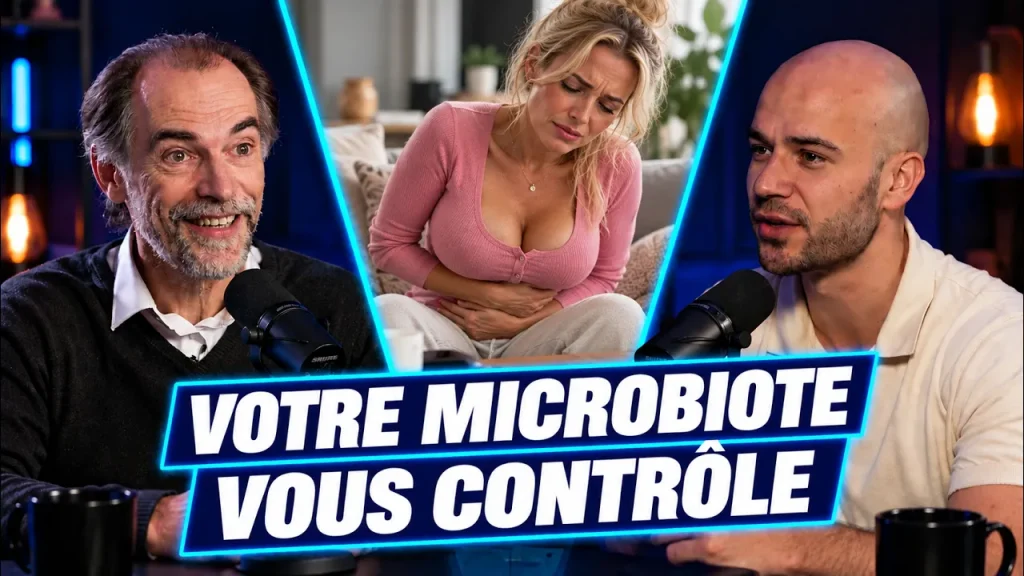 Le docteur Joël Doré et Benjamin Sant au micro sur le plateau du podcast, avec le titre « Votre microbiote vous contrôle »