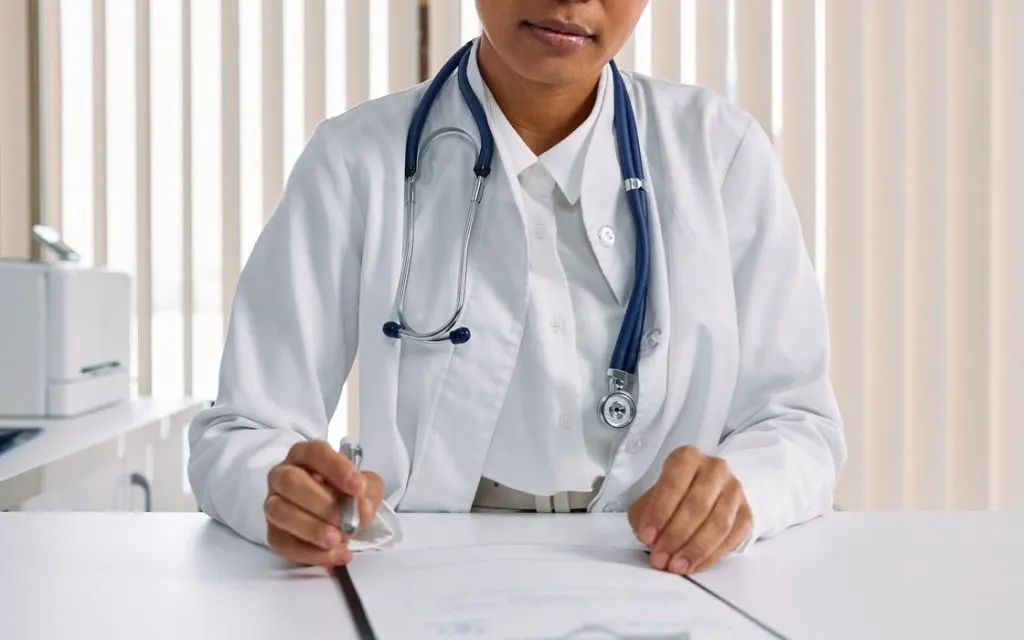 Médecin annotant des résultats d’analyses sur son bureau