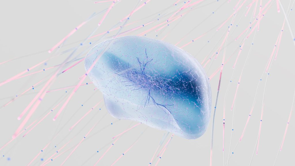 Rendu 3D d'un réseau de neurones avec connexions abstraites en couleurs douces