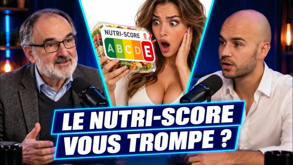 Serge Hercberg et Benjamin Sant au micro sur le plateau du podcast, avec une étiquette Nutri-Score notée E et le titre « Le Nutri-Score vous trompe ? »